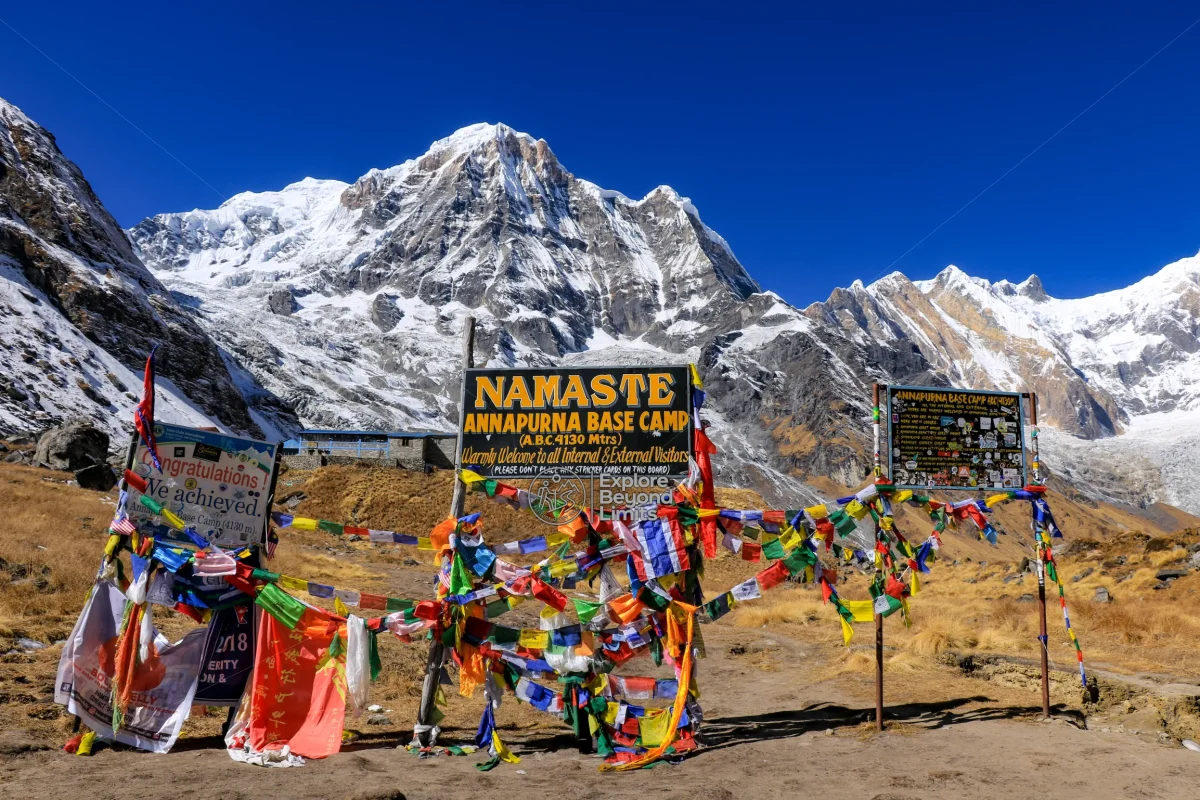 Trekkers on the trail below Annapurna South, with the base camp amphitheatre of peaks visible ahead