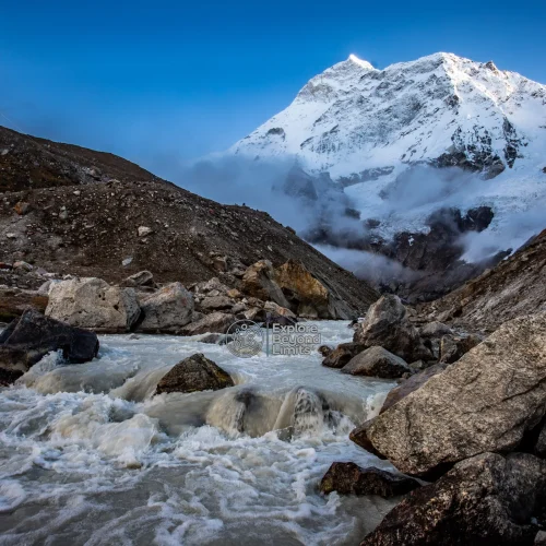 Makalu's pyramid-shaped summit rising above the Barun valley, seen from the approach to base camp