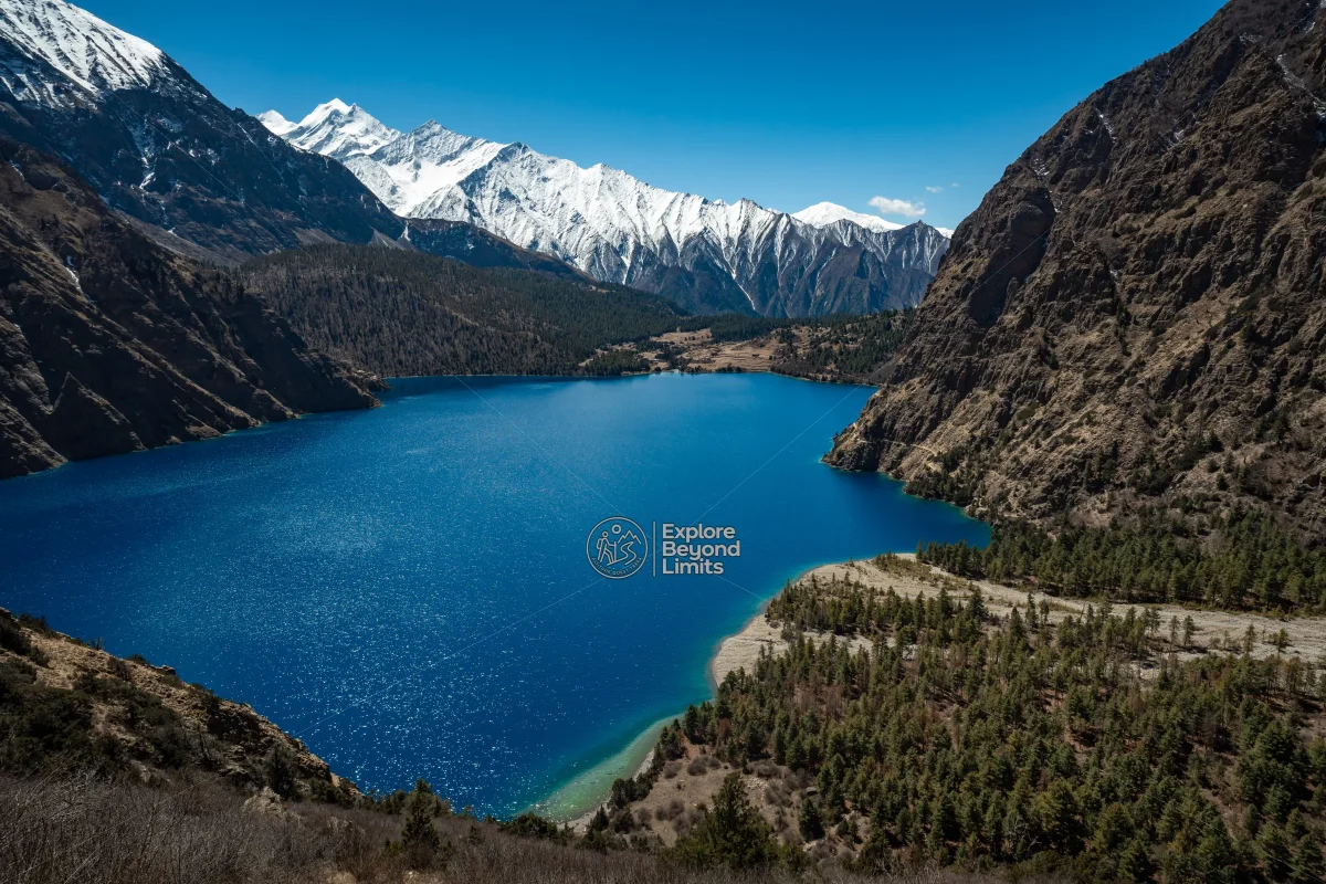 The turquoise water of Phoksundo Lake framed by cliffs, Shey Phoksundo National Park, Dolpo