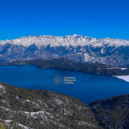 Rara Lake seen from Murma Top, its blue water ringed by pine forest in Nepal's far west